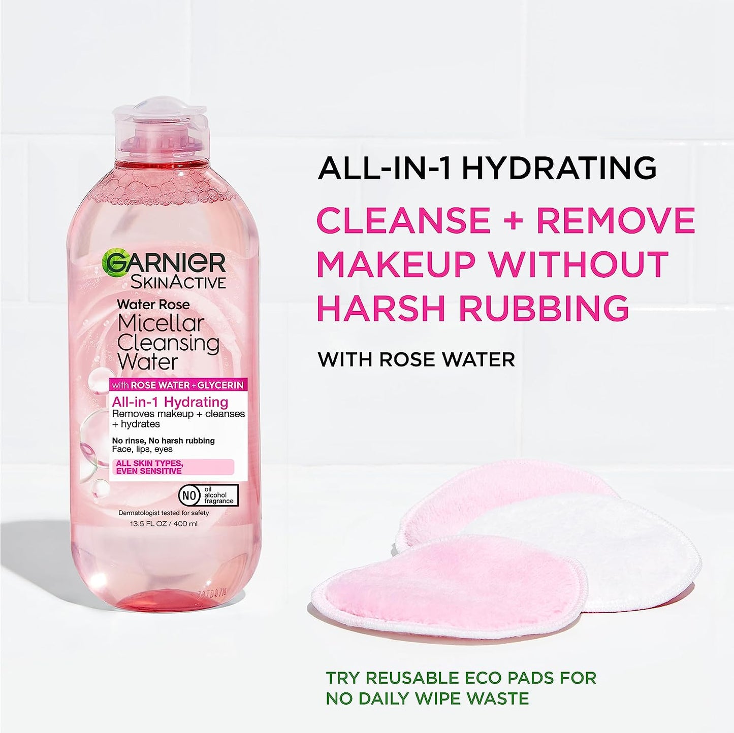 Hydrating Micellar Water with Rose Water and Glycerin, Gentle Facial Cleanser and Makeup Remover for All Skin Types, Vegan and Cruelty-Free, 13.5 Fl Oz (400 mL)