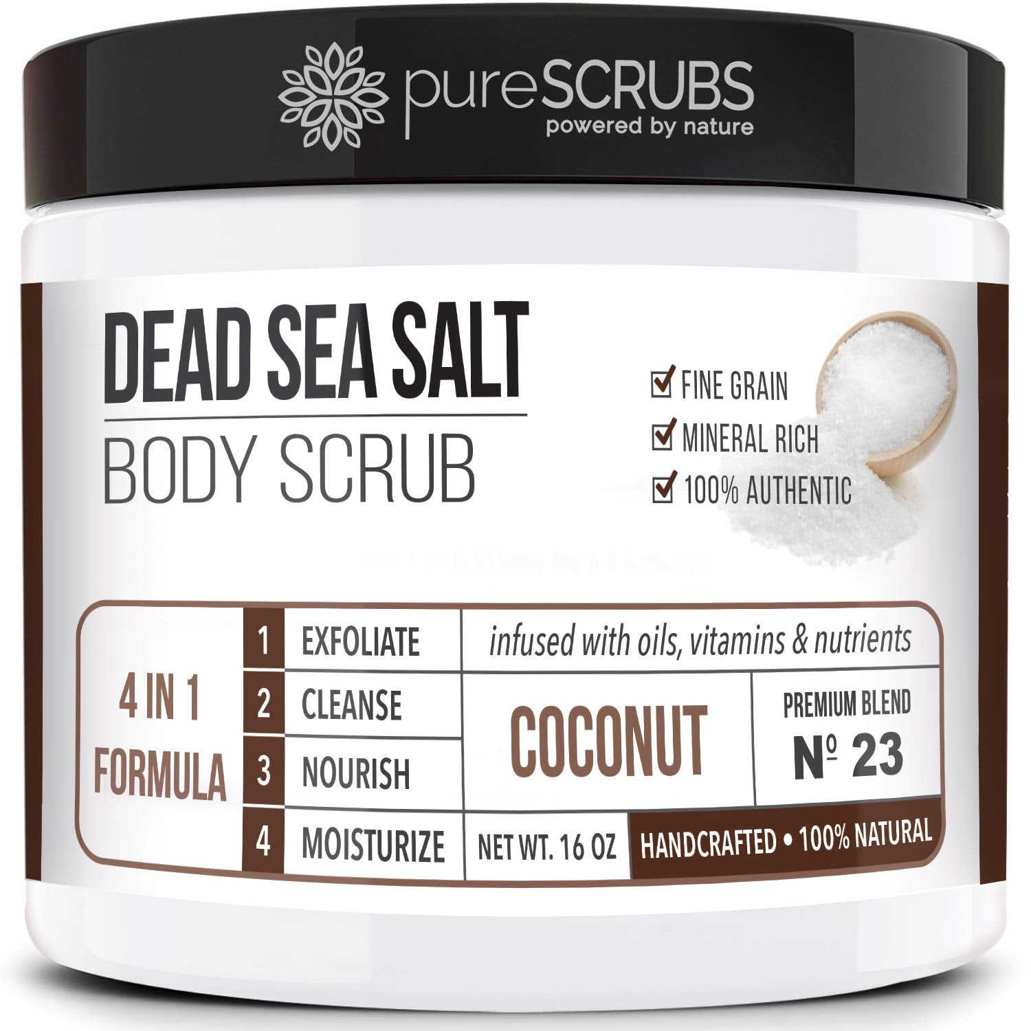 Premium Coconut Body Scrub Set – Large 16 oz Dead Sea Salt Exfoliating Scrub with Essential Oils, Includes Wooden Spoon, Loofah & Oatmeal Exfoliating Bar Soap