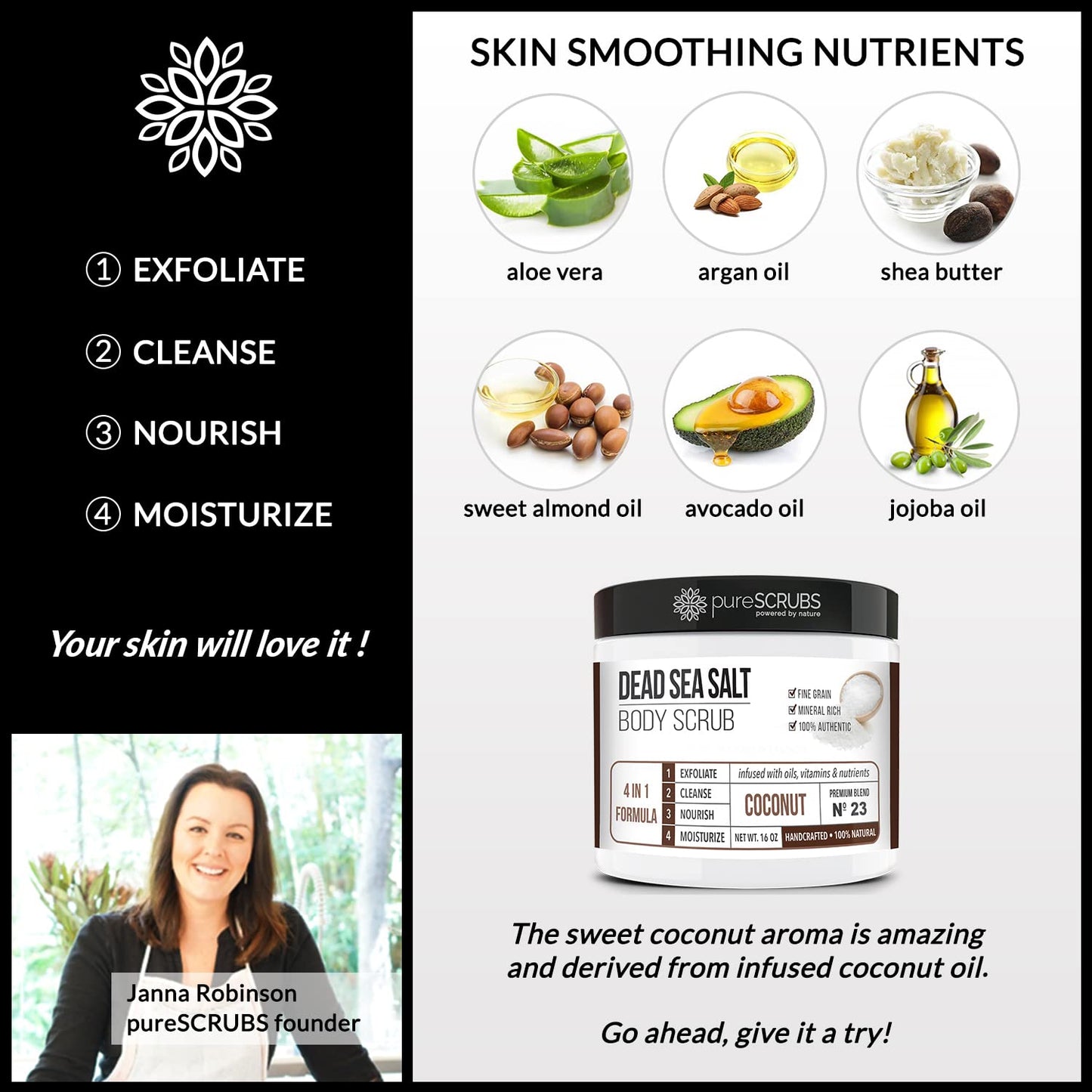 Premium Coconut Body Scrub Set – Large 16 oz Dead Sea Salt Exfoliating Scrub with Essential Oils, Includes Wooden Spoon, Loofah & Oatmeal Exfoliating Bar Soap