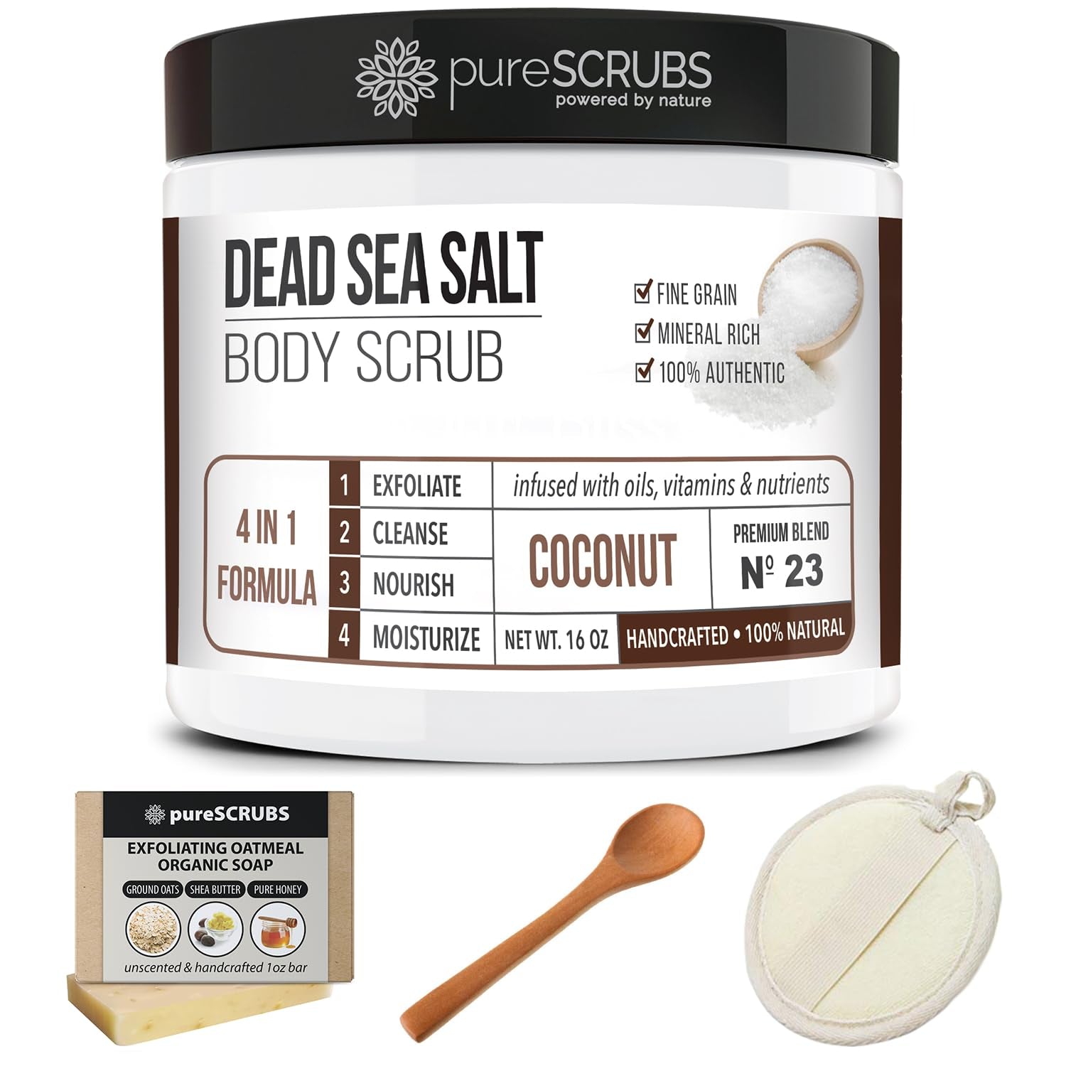 Premium Coconut Body Scrub Set – Large 16 oz Dead Sea Salt Exfoliating Scrub with Essential Oils, Includes Wooden Spoon, Loofah & Oatmeal Exfoliating Bar Soap